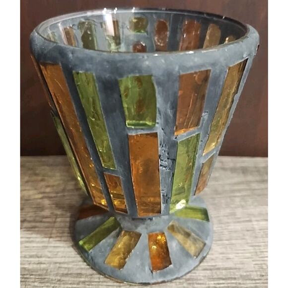 Stained glass wine Glass Chalice Vessel chunky orange green 70s heavy OOAK decor - Picture 3 of 8